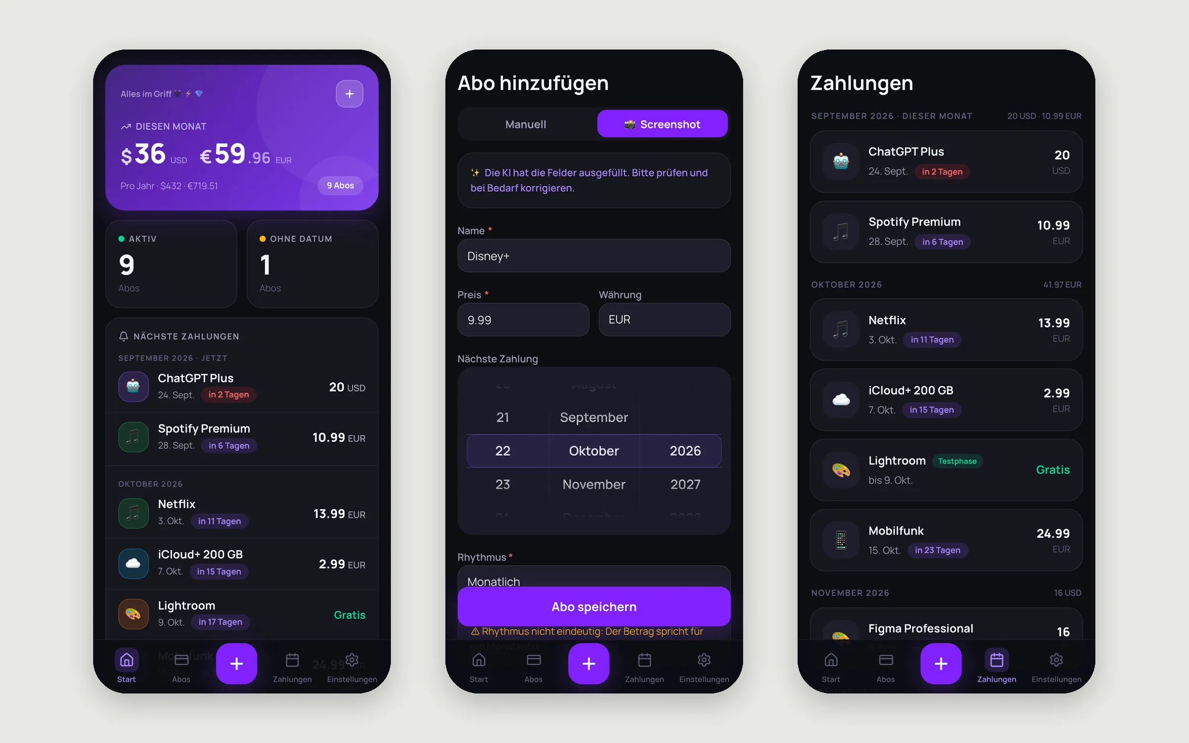 Drei Bildschirme der App ABOS: Übersicht mit Monatskosten in Euro und Dollar, KI-Prüfung eines erkannten Abos, Zahlungen nach Monaten