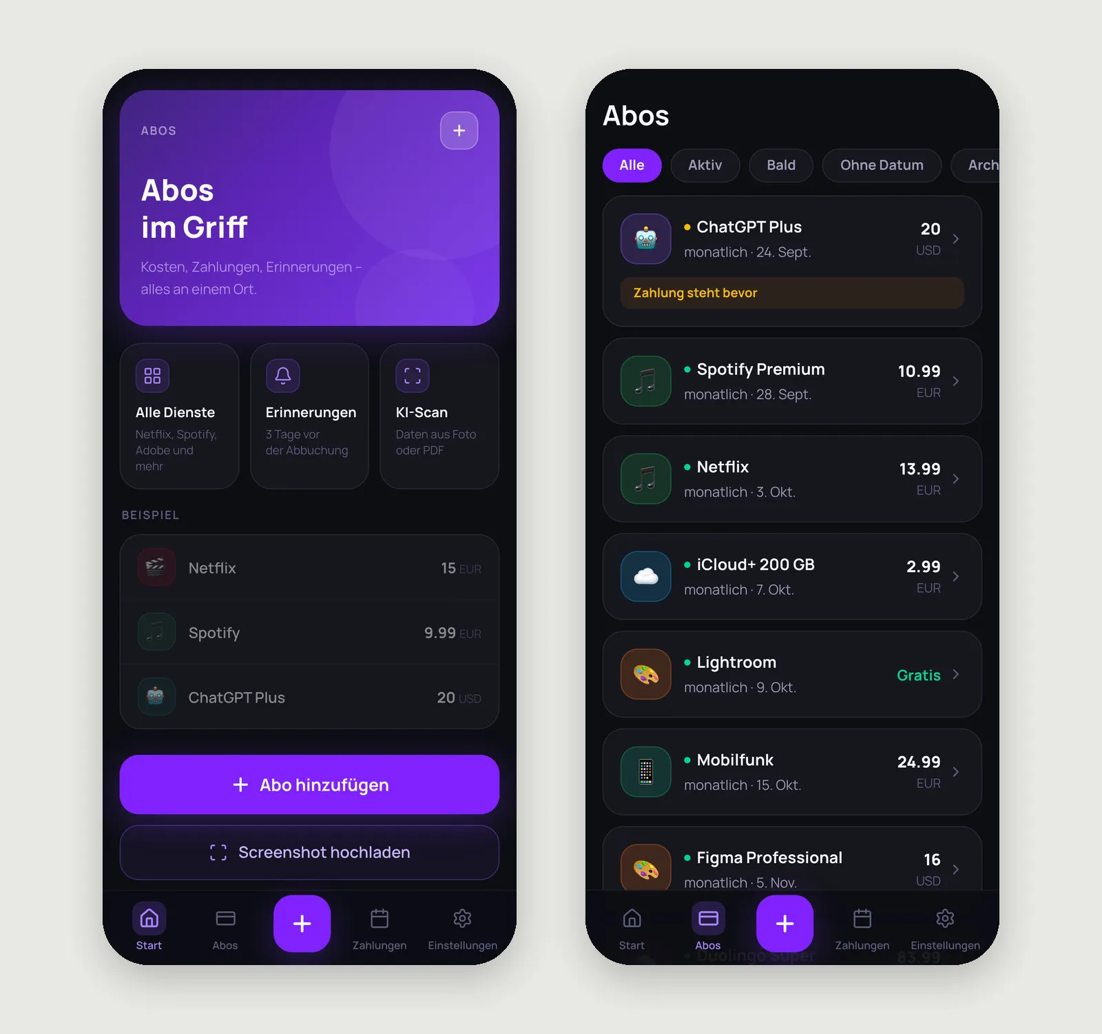 Startbildschirm ohne Abos mit Beispielen und Abo-Liste mit Filtern