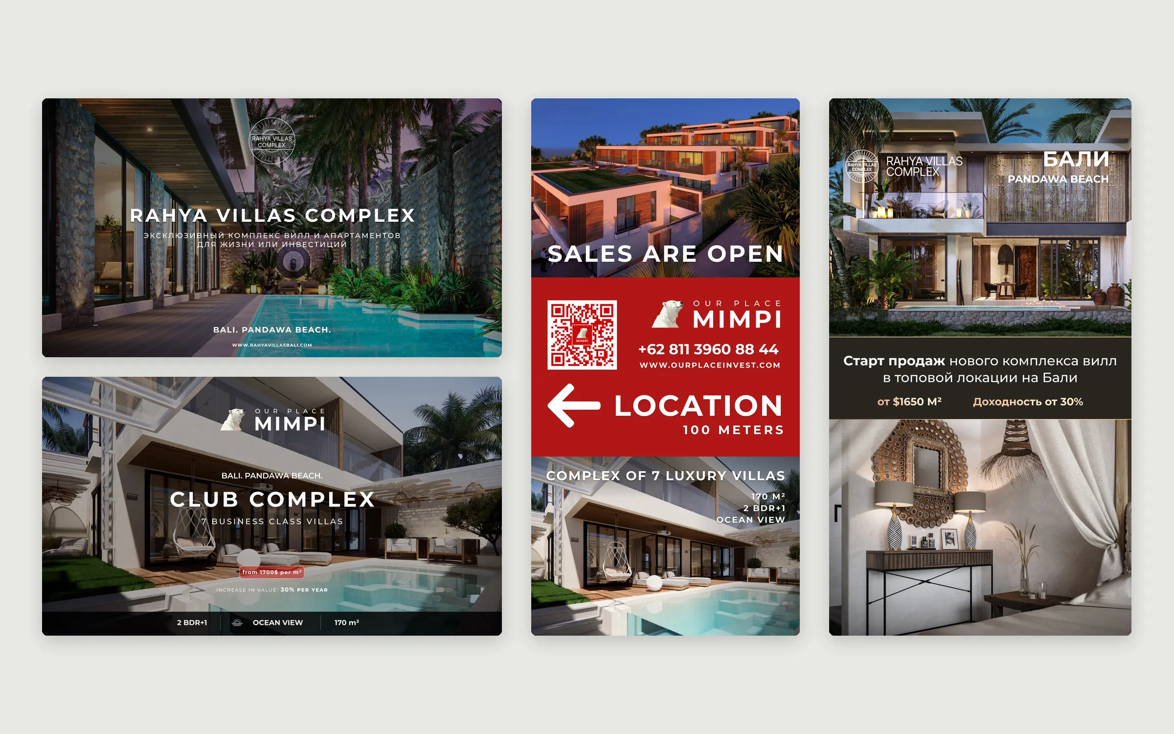 Verkaufspräsentationen von Rahya Villas Complex und Our Place Mimpi, ein Billboard mit QR-Code und ein Werbemotiv für Meta Ads