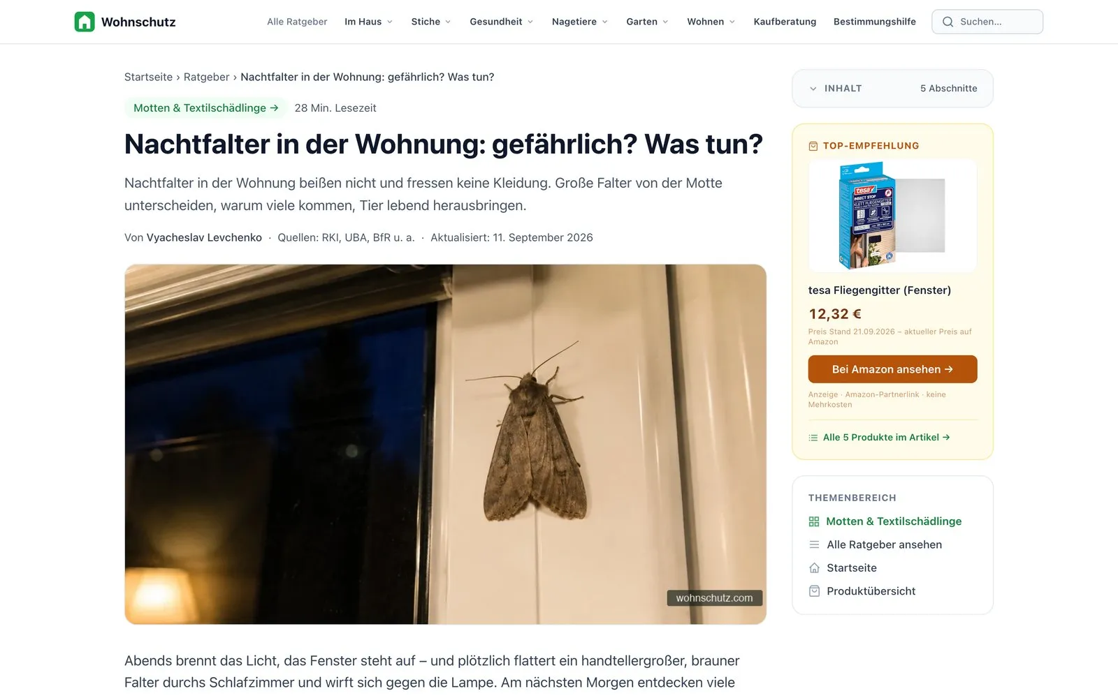 Ratgeberartikel Nachtfalter in der Wohnung auf wohnschutz.com